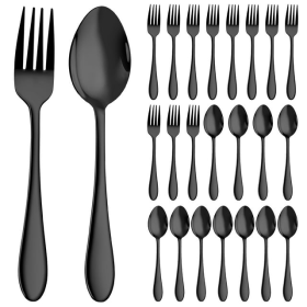 Walchoice 24-Piece Black Fork and Spoon Set, Stainless Steel Silverware Set for Home & Restaurant, Metal Flatware Cutlery Set, Mirror Polished