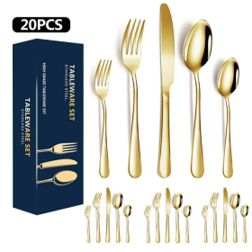 Golden Silverware Set 20 Pieces Stainless Steel Flatware Set, Kitchen Utensil Set Service for 5, Tableware Cutlery Set for Home & Restaurant