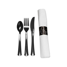 Napkin Roll with Fork, Knife, Spoon - Black (25ct)