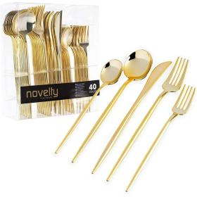 PLASTICPRO 40pc Disposable Gold Plastic Silverware Set with Spoons, Knives, Forks, and Teaspoons, Service for 8